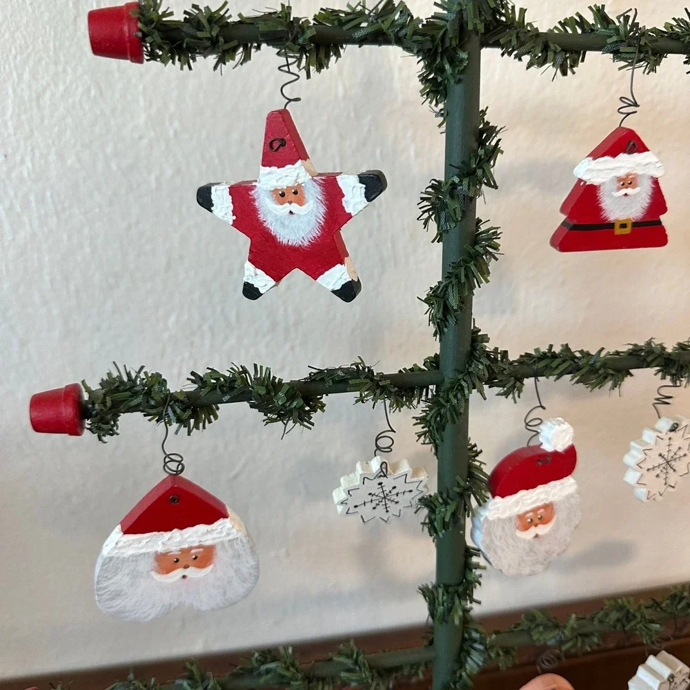 Vintage Wooden Christmas Feather Tree Tabletop Display with Santa Ornaments 17''
